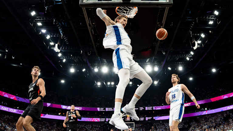 Lauri Markkanen scores a basket against Germany at last year's EuroBasket tournament. 