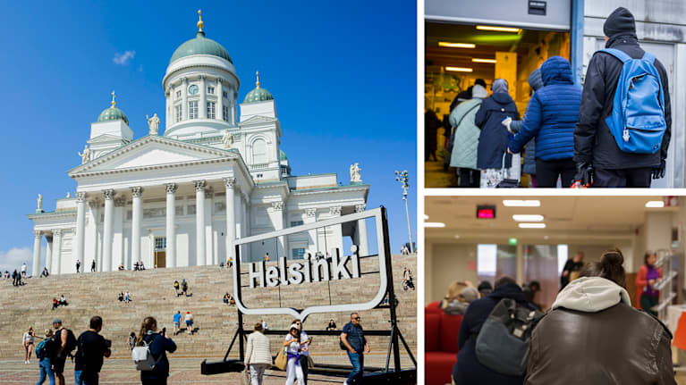 Photo shows Helsinki's Senate Square alongside a bread line and an unemployment office.