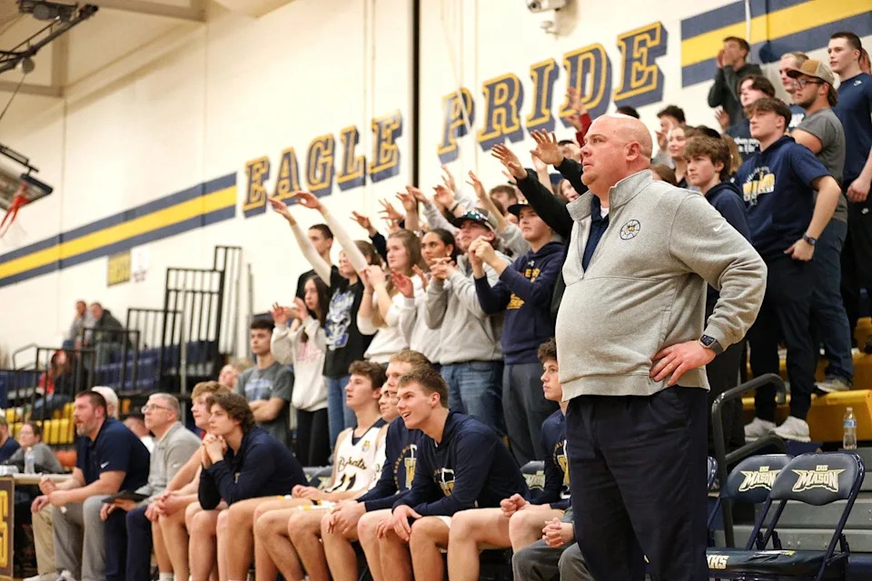 Whiteford boys basketball coach Jordan Bollin watches the action during a 55-39 victory over Riverview Gabriel Richard during the finals of the Division 3 Boys Basketball District at Erie Mason on Friday, Feb. 27, 2026.