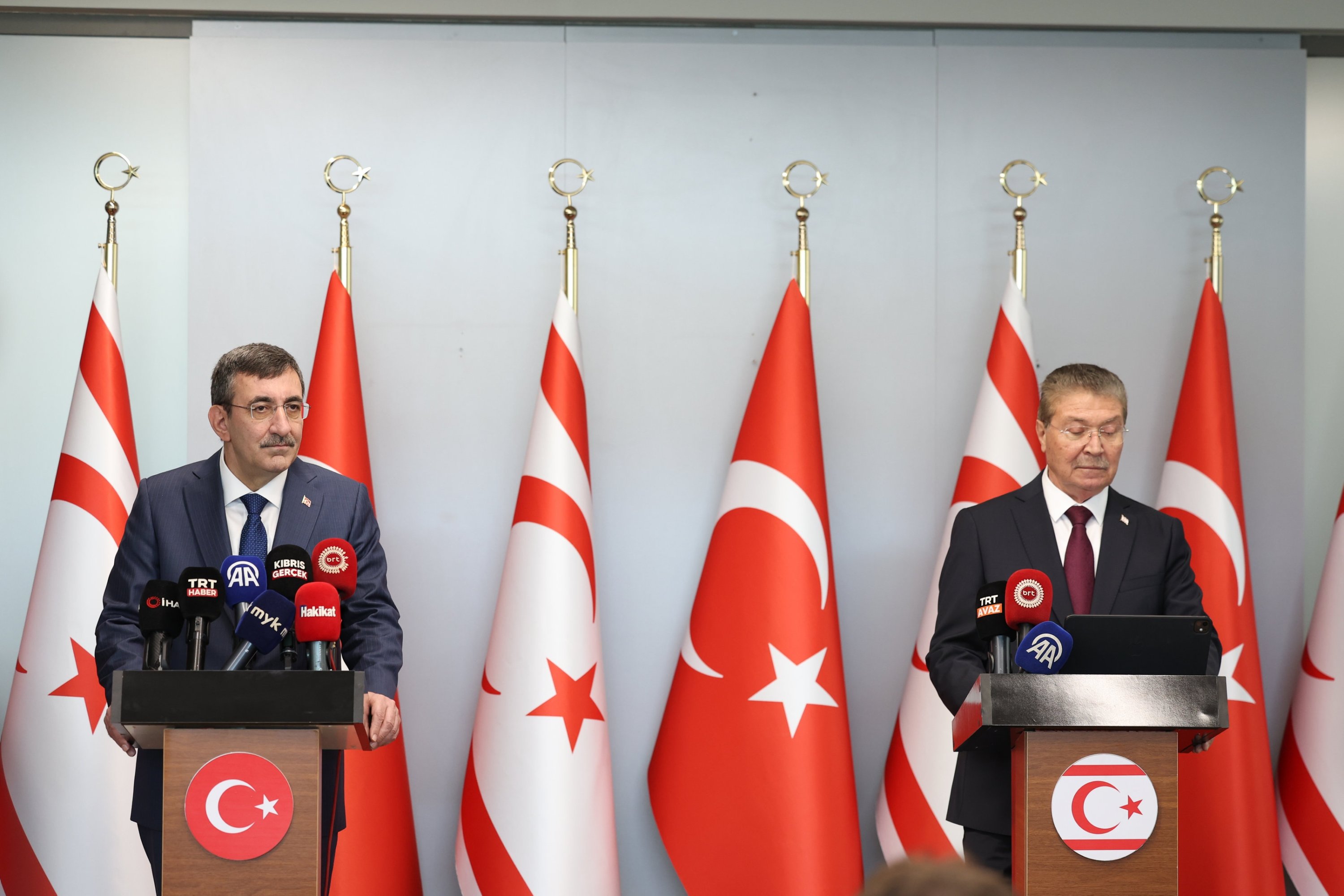 Vice President Cevdet Yılmaz (L) and Turkish Republic of Northern Cyprus (TRNC) Prime Minister Ünal Üstel hold a press conference as part of Yılmaz's visit, Ercan Airport, TRNC, March 5, 2026. (AA Photo)