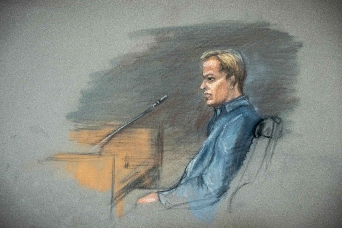This court sketch by Ane Hem shows the defendant Marius Borg Hoiby in the witness box during his trial in Oslo, Norway, Feb. 5, 2026. (Ane Hem/NTB Scanpix via AP, File) (Ole Berg-Rusten / NTB)