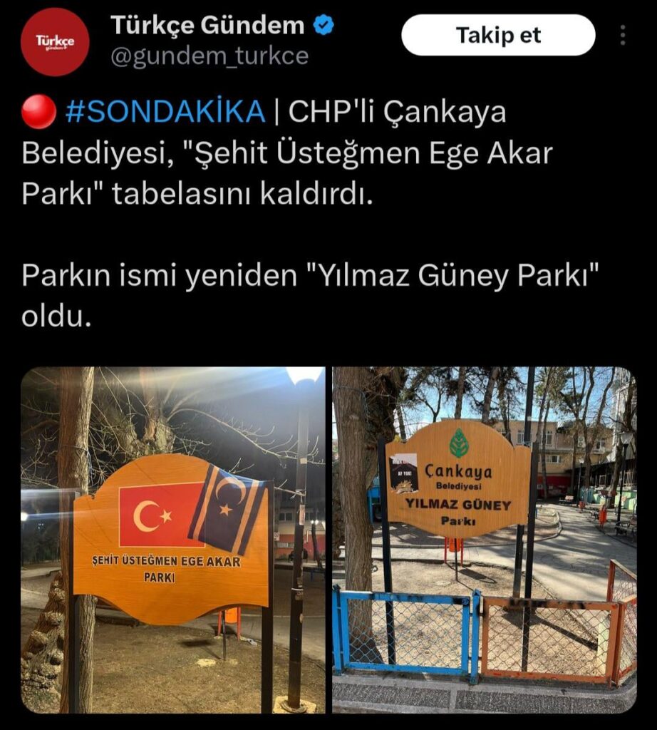 The park sign, which had previously been renamed "Martyr Lieutenant Ege Akar" by a group of Turkish young people, was renamed "Yılmaz Güney" by Çankaya Municipality...