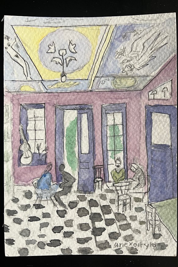 A watercolour sketch by the author from her tour of a cafe, with its ceilings covered in frescoes of angels, in the town of Oitylo.