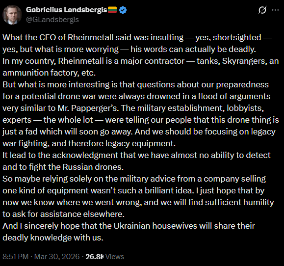Landsbergis commented after the Rheinmetall CEO said that Ukrainian drones are like Lego and are built by housewives.
