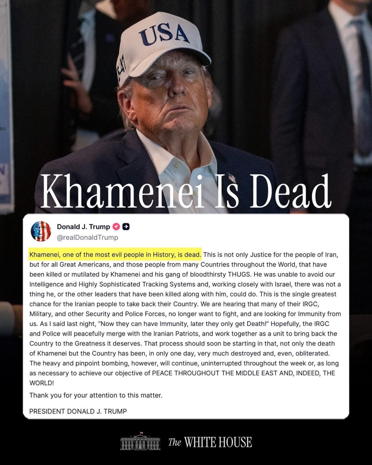 Donald Trump confirms death of Iranian leader Ali Khamenei