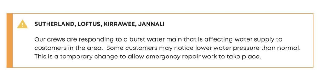 Sydney Water Outage in Sutherland Area - Burst Main