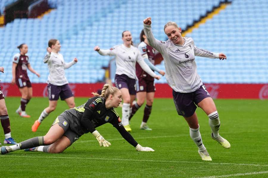 Lundkvist celebrates her first Man Utd goal against Aston Villa
