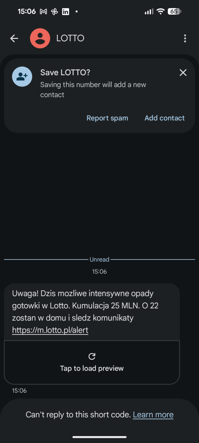 Spam from LOTTO impersonating RCB