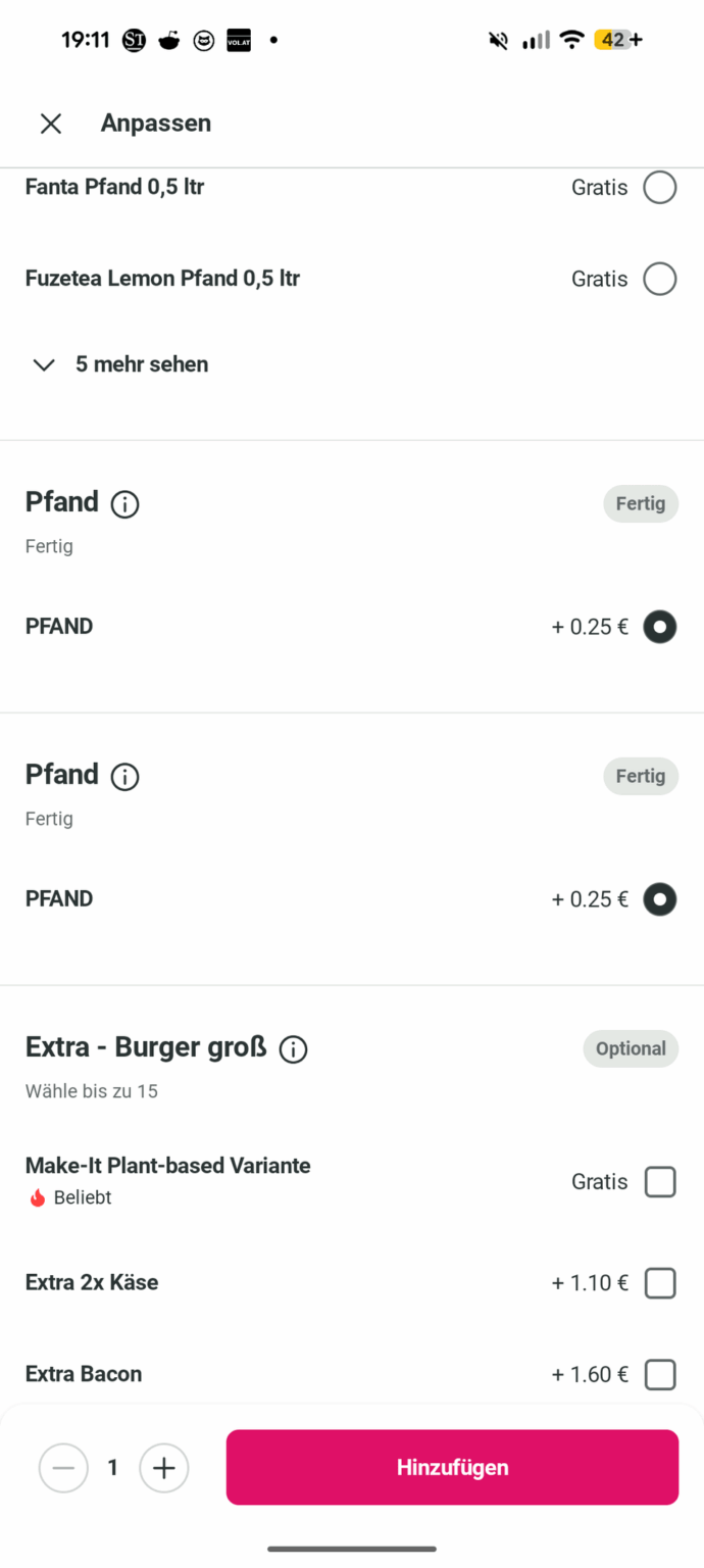 Foodora/BurgerKing charge double the deposit