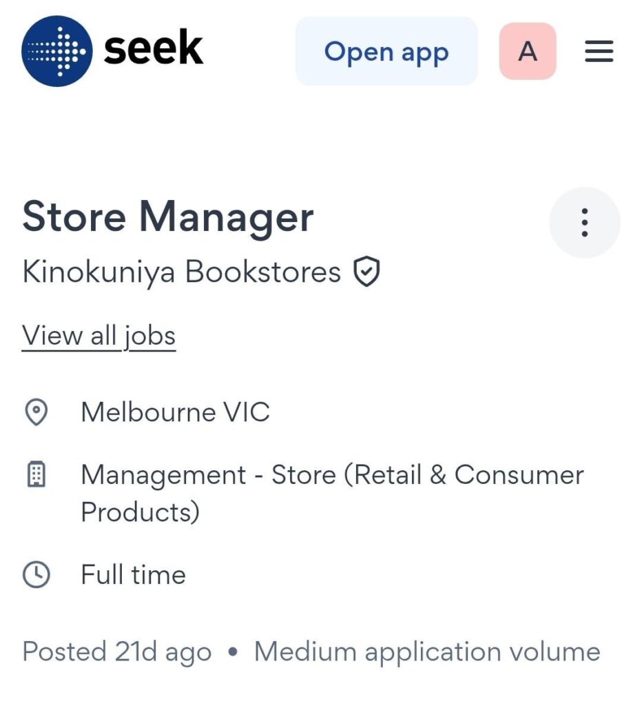 Books Kinokuniya expanding soon to opening a Melbourne store. Seek job advert reveal