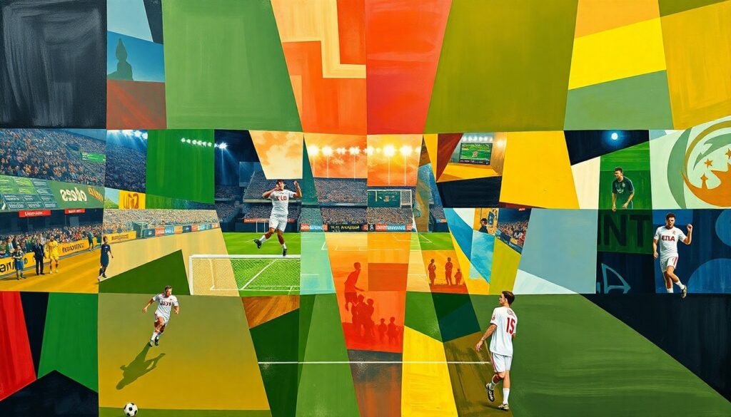 USMNT Looks to Bounce Back Against Portugal After Belgium Defeat A cubist, geometric painting depicting a fragmented soccer match, with overlapping shapes and planes representing the dynamic action on the field.
