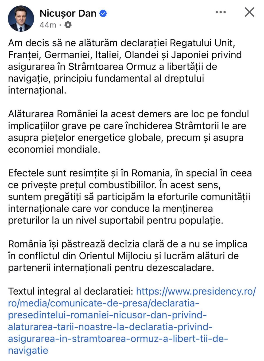 The statement of the President of Romania, Nicușor Dan, regarding our country's accession to the joint declaration regarding ensuring freedom of navigation in the Strait of Hormuz