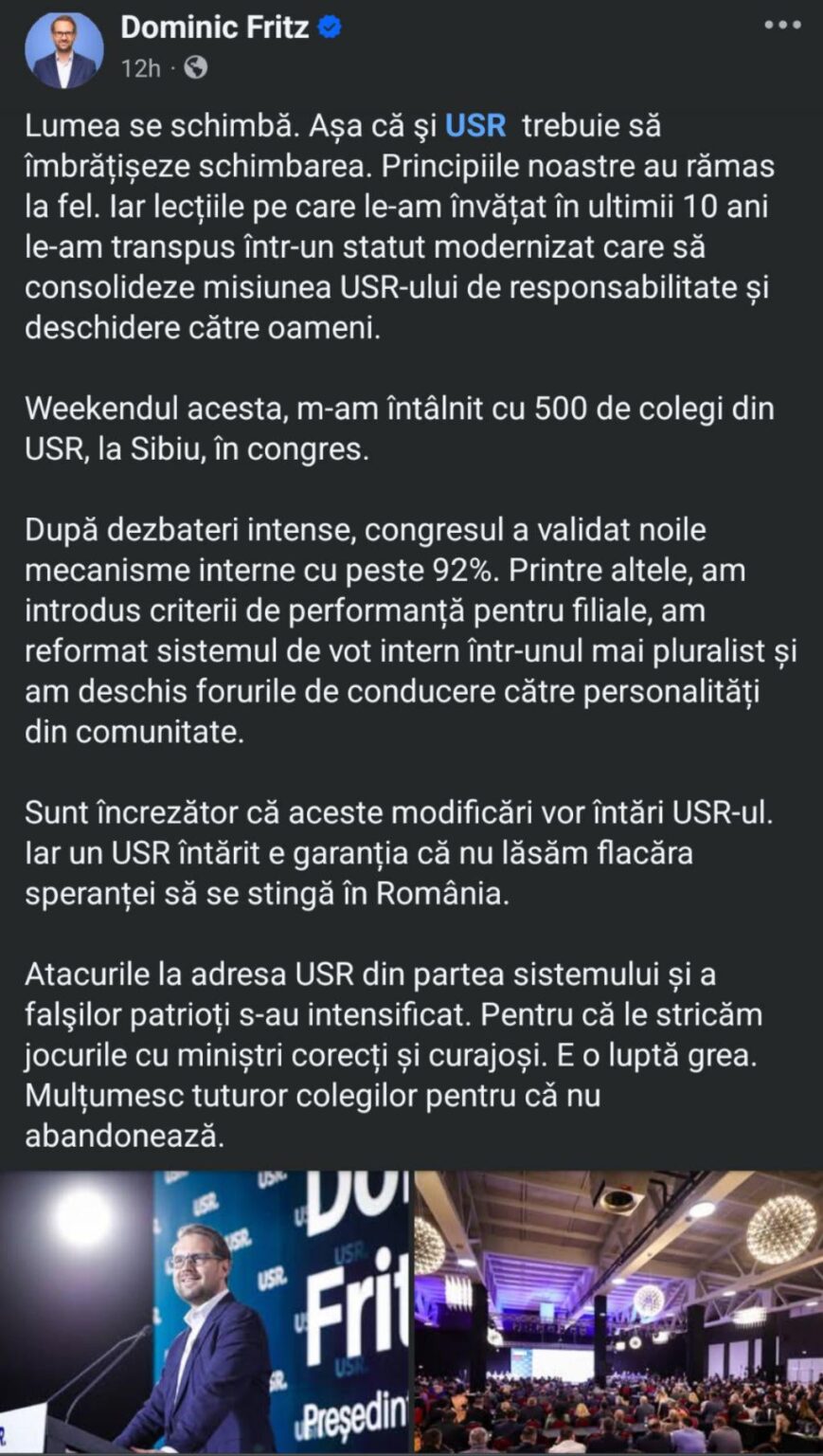 Dominic Fritz passed all his reforms at the USR congress. Can dissolve problem branches, party opens to new professional people from outside, pluralist voting system, more flexible and efficient structures