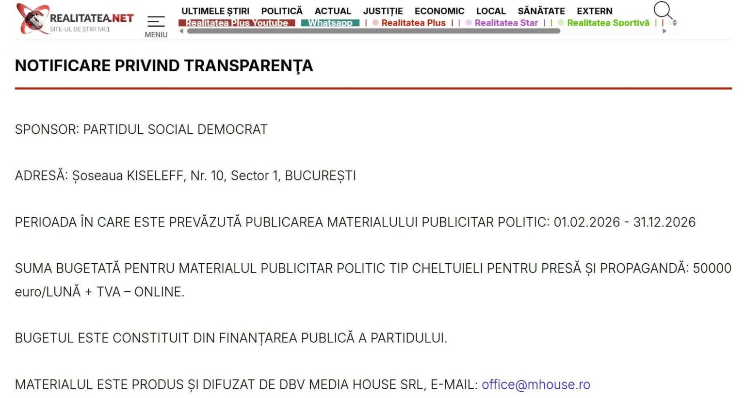 50,000 euros per month from PSD for the Realitatea website