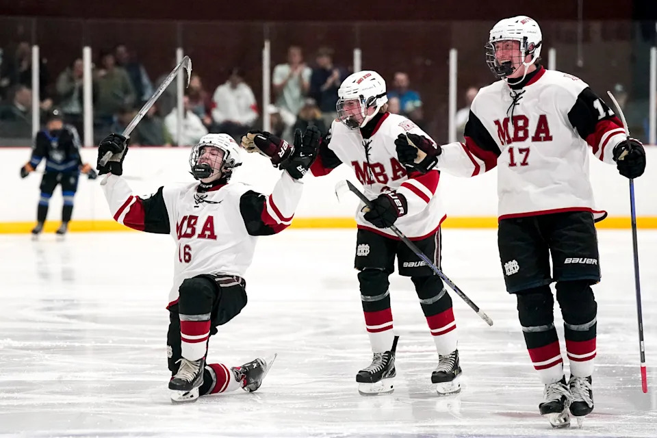 MBA’s Cortland Klett (16) celebrates scoring a goal against Nolensville during the third period of the GNASH Predators Cup championship game at Centennial Sportsplex in Nashville, Tenn., Wednesday, March 4, 2026.