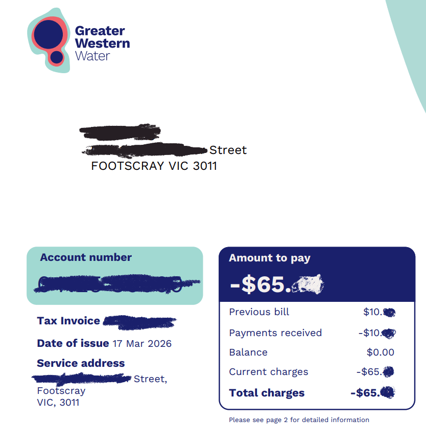 Got Sent A Negative Bill By Greater Western Water