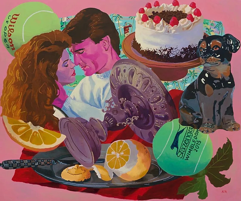 Andy Dixon, Pink Composition with Black Forest Cake, 2025, acrylic and oil stick on canvas