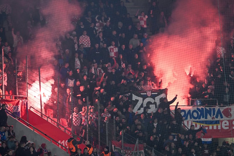 Czech fans light flares during their team's World Cup qualifier match against Croatia at Fortuna Arena, Prague, last October. Photograph: Marko Lukunic/Pixsell/MB Media/Getty Images