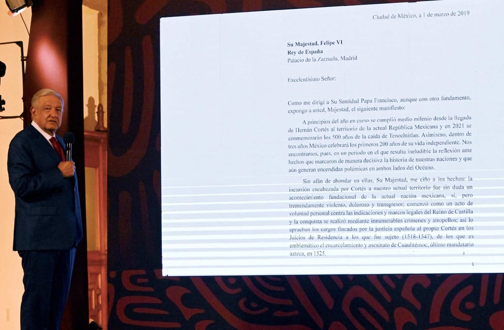 Former Mexican president Andres Manuel Lopez Obrador reads a letter from 2019 addressed to Spain’s King Felipe VI in September 2024. Photo: AFP