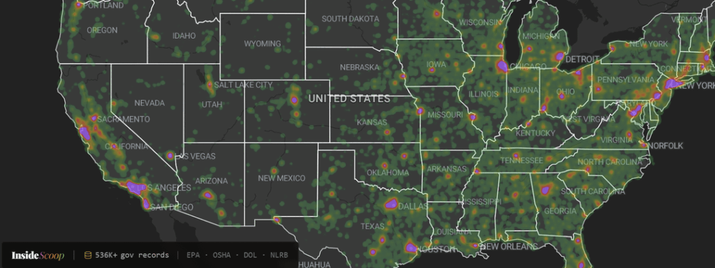 [OC] I mapped all of the OSHA, Department of Labor, National Labor Relations Board, EPA, and Debarment violations for the past ten years.