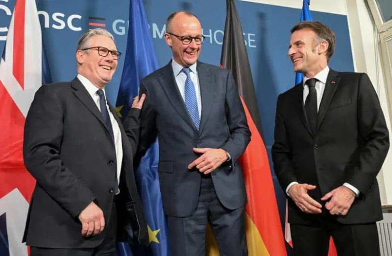 German Chancellor Friedrich Merz, French President Emmanuel Macron and British Prime Minister Keir Starmer pose at the start of the E-3 meeting, during the Munich Security Conference (MSC), in Munich, Germany February 13, 2026. (credit: Thomas Kienzle/Pool via REUTERS/File Photo)