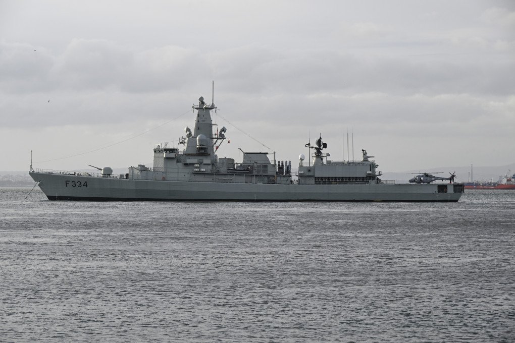 NRP Dom Francisco de Almeida lies at anchor in front of Cais das Colunas, representing the Portuguese Navy at the military parade in Lisbon.