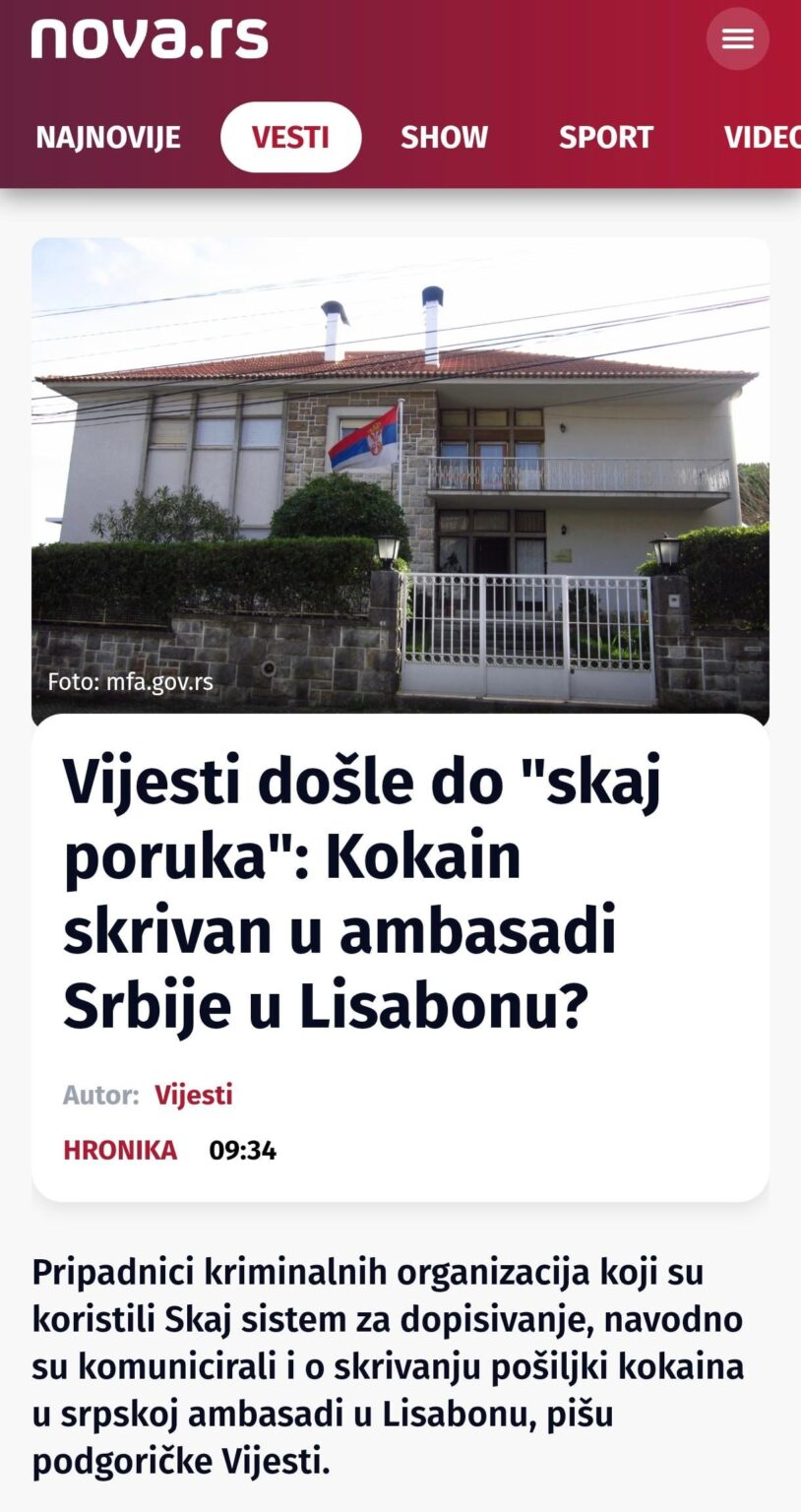 News reached "sky messages": Cocaine hidden in the Serbian embassy in Lisbon?