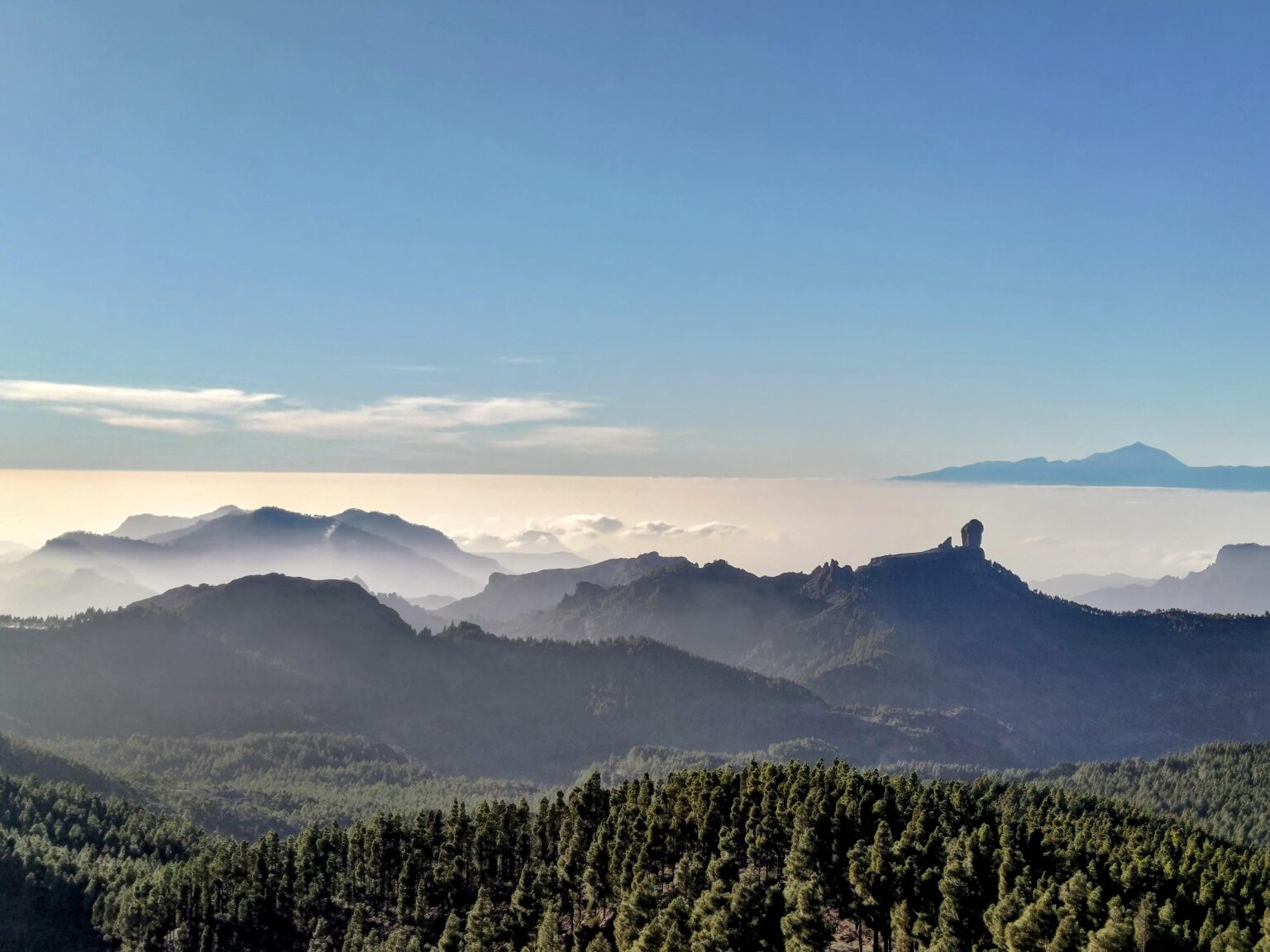 Roque Nublo and Teide in the background, seen from Pico de las Nieves — Gran Canaria [OC]