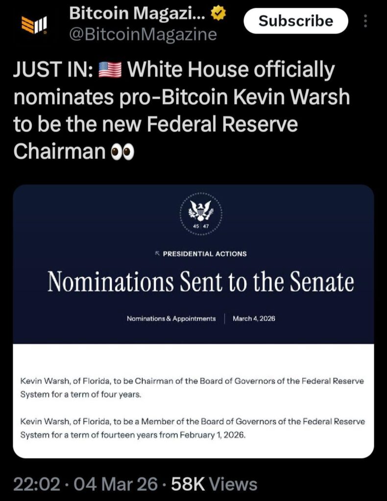White House officially nominates pro-Bitcoin Kevin Warsh to be the new Federal Reserve Chairman