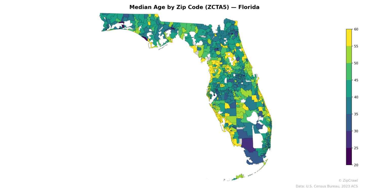 [OC] Median Age by Zip Code in Florida