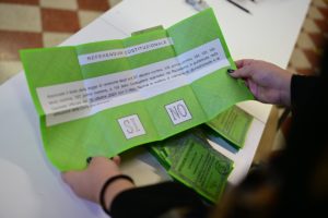 A picture shows ballots in a polling station on the first day to vote for the Italian constitutional referendum on justice reform, in Milan