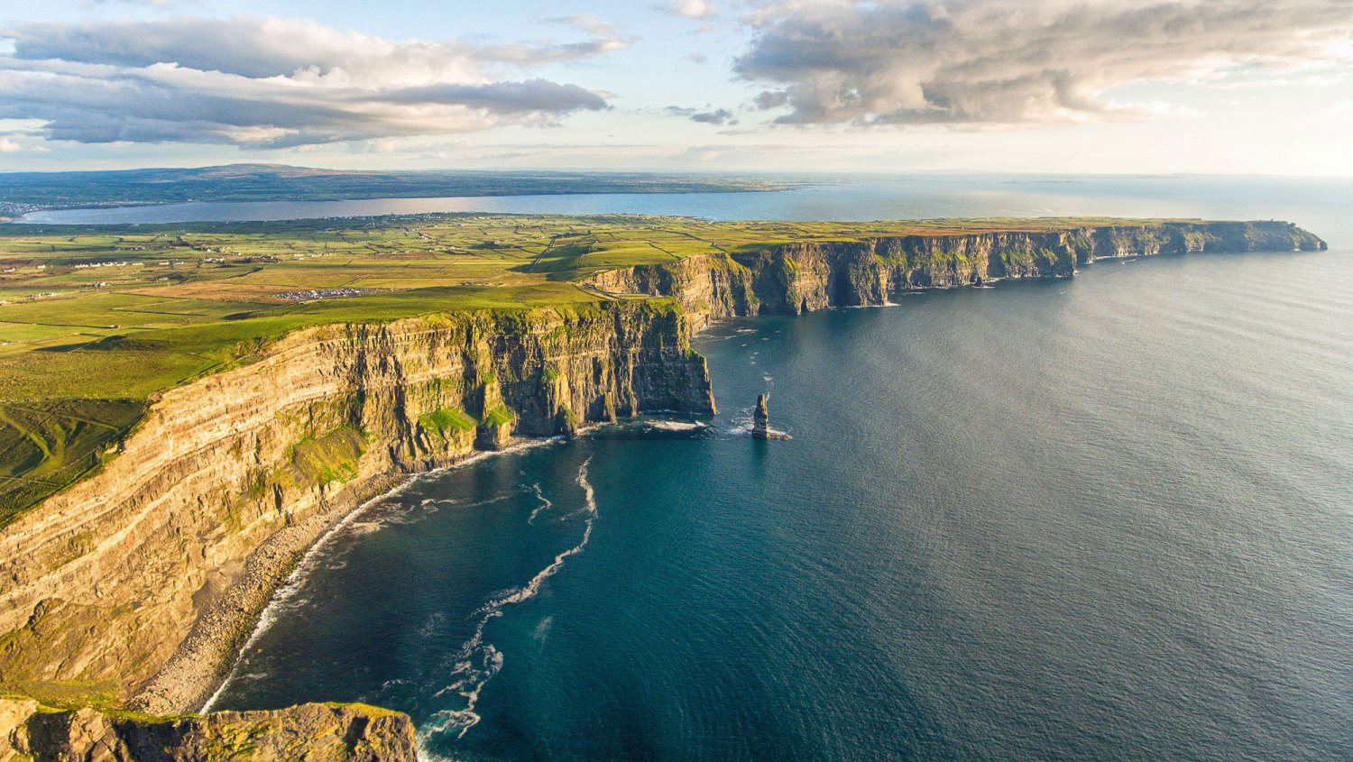 The Princess Bride Filming Location-Aerial birds eye drone view from the world famous cliffs of moher in county clare ireland. Scenic Irish rural countryside nature along the wild atlantic way.