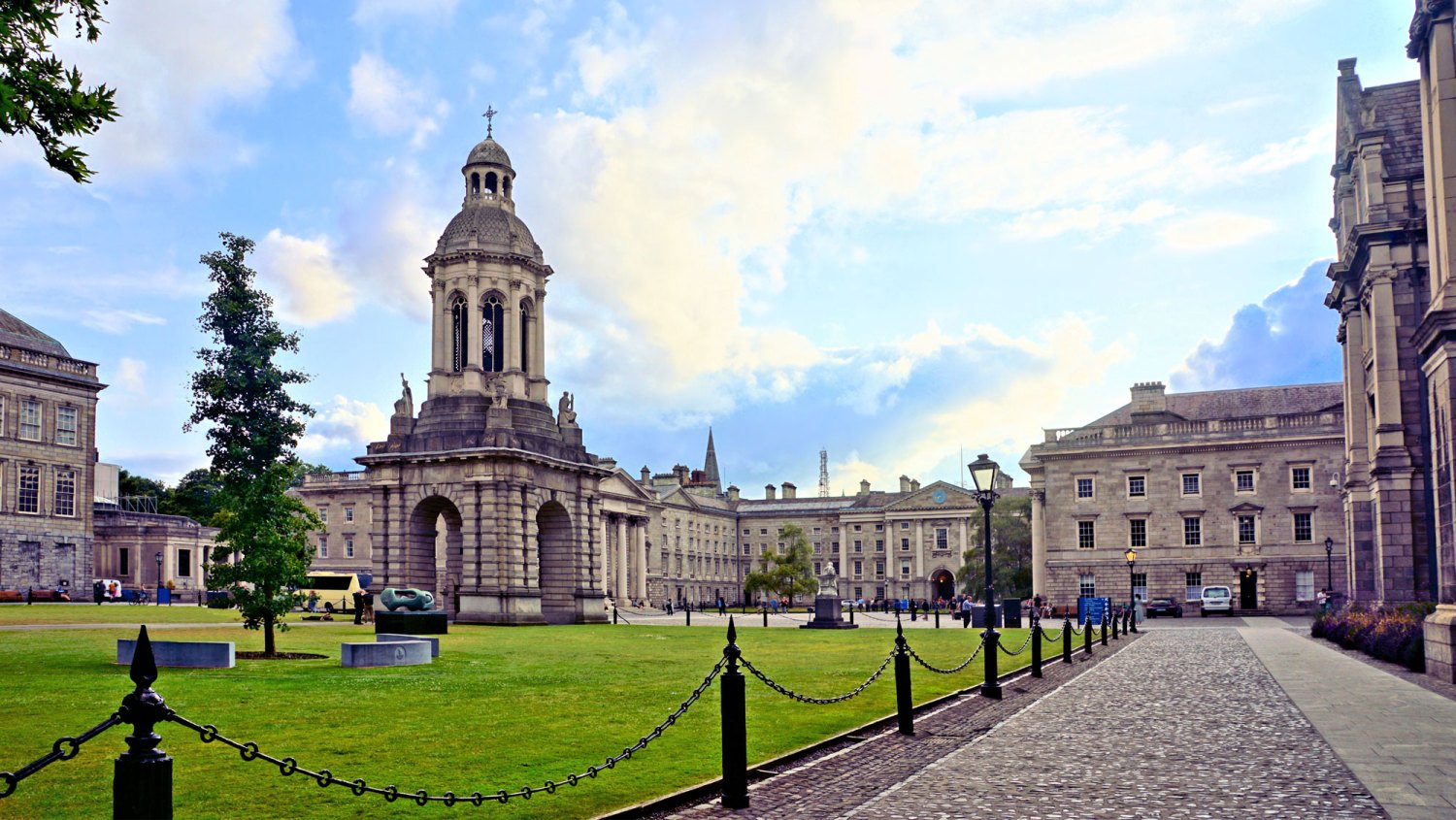 Filming Location for Normal People-Beautiful historic architecture of Trinity College, Dublin, Ireland near sunset
