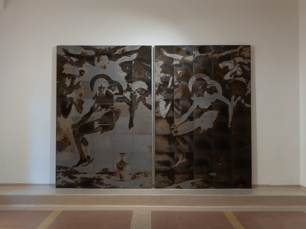 Agata Orlovska, “Pictura Lacrimosa _ William-Adolphe Bouguereau Pieta”, 2025, steel, laser cutting, laser engraving. Exhibition view_ “Perforation”. Photo by Laurynas Skiesgaila. Courtesty of the artist