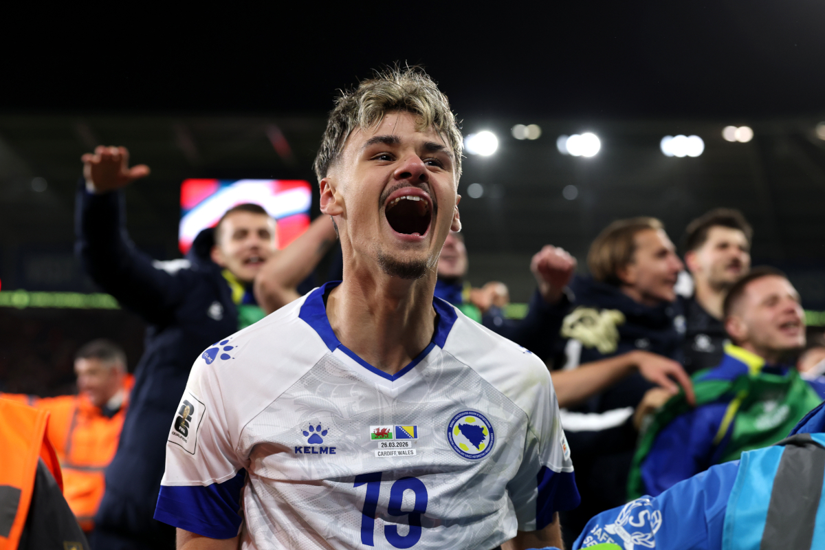 CARDIFF, WALES - MARCH 26: Kerim Alajbegovic of Bosnia and Herzegovina celebrates after winning in the penalty shoot out in the FIFA World Cup 2026 European Qualifiers KO play-off match between Wales and Bosnia and Herzegovina at Cardiff City Stadium on March 26, 2026 in Cardiff, Wales. (Photo by Dan Mullan/Getty Images)