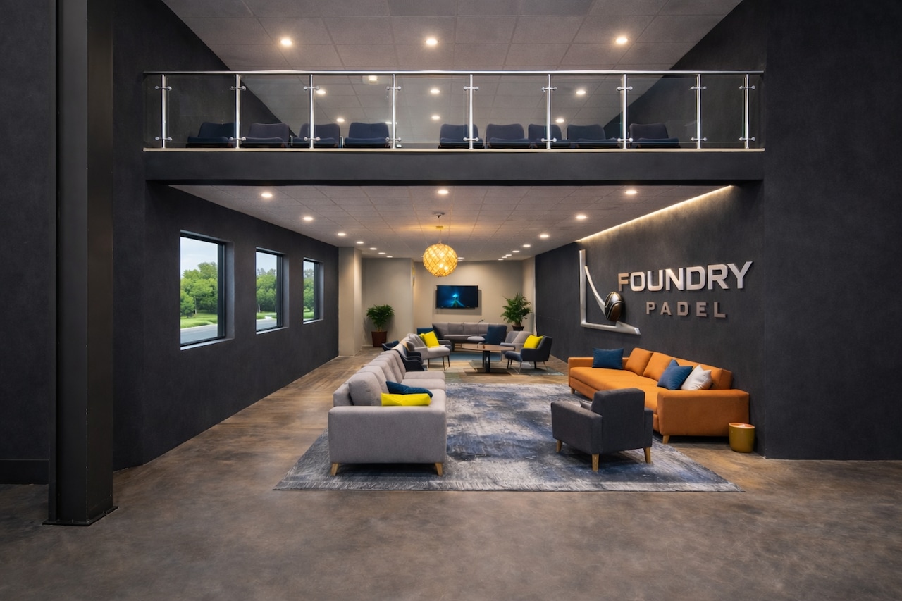 Rendering of Foundry Padel interior, two floors with couches on the bottom and chairs above