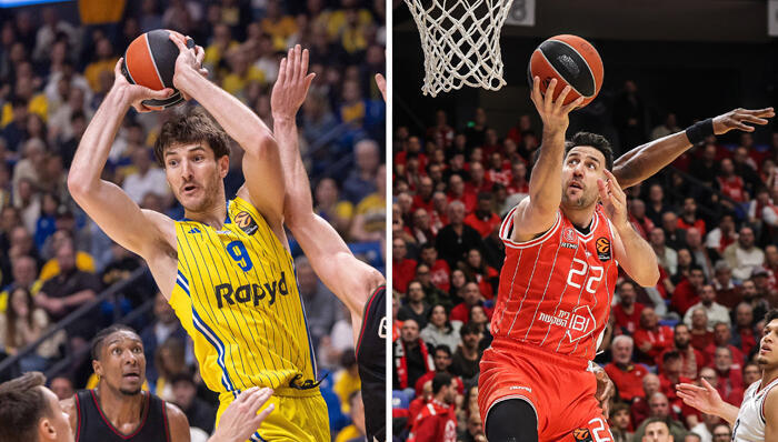 מימין כדורסלן הפועל ת”א וסיליה מיציץ  וכדורסלן מכבי ת”א רומן סורקין