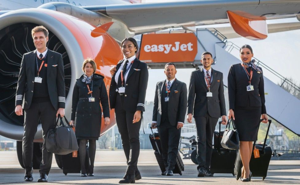 Image of easyjet crew in front of fleet