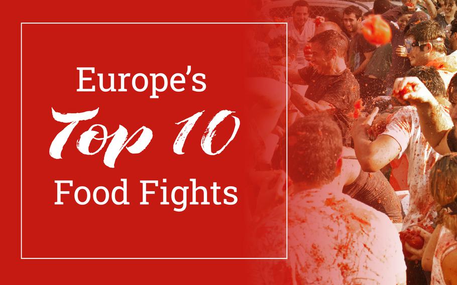 Words “Europe’s Top 10 Food Fights” on a background of a photo of people throwing oranges.