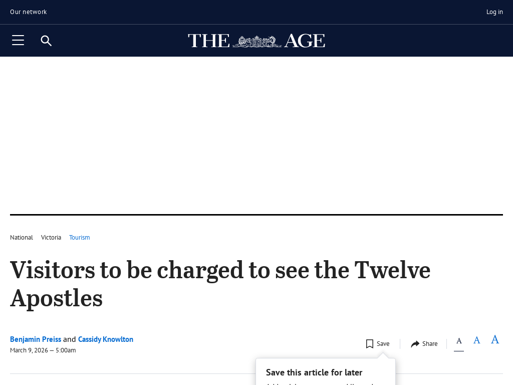 Visitors to be charged to see the Twelve Apostles