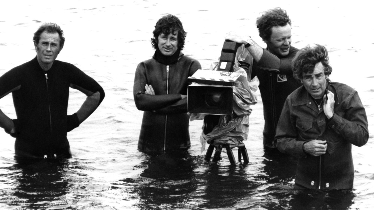 Jaws Martha's Vineyard, MA - 1975: (L-R) [unidentified], Director Steven Spielberg, camera operator Michael Chapman and cinematographer Bill Butler on the set of the Universal Pictures production of Jaws in 1975 in Martha's Vineyard, Massachusetts. (Photo by Michael Ochs Archives/Getty Images)