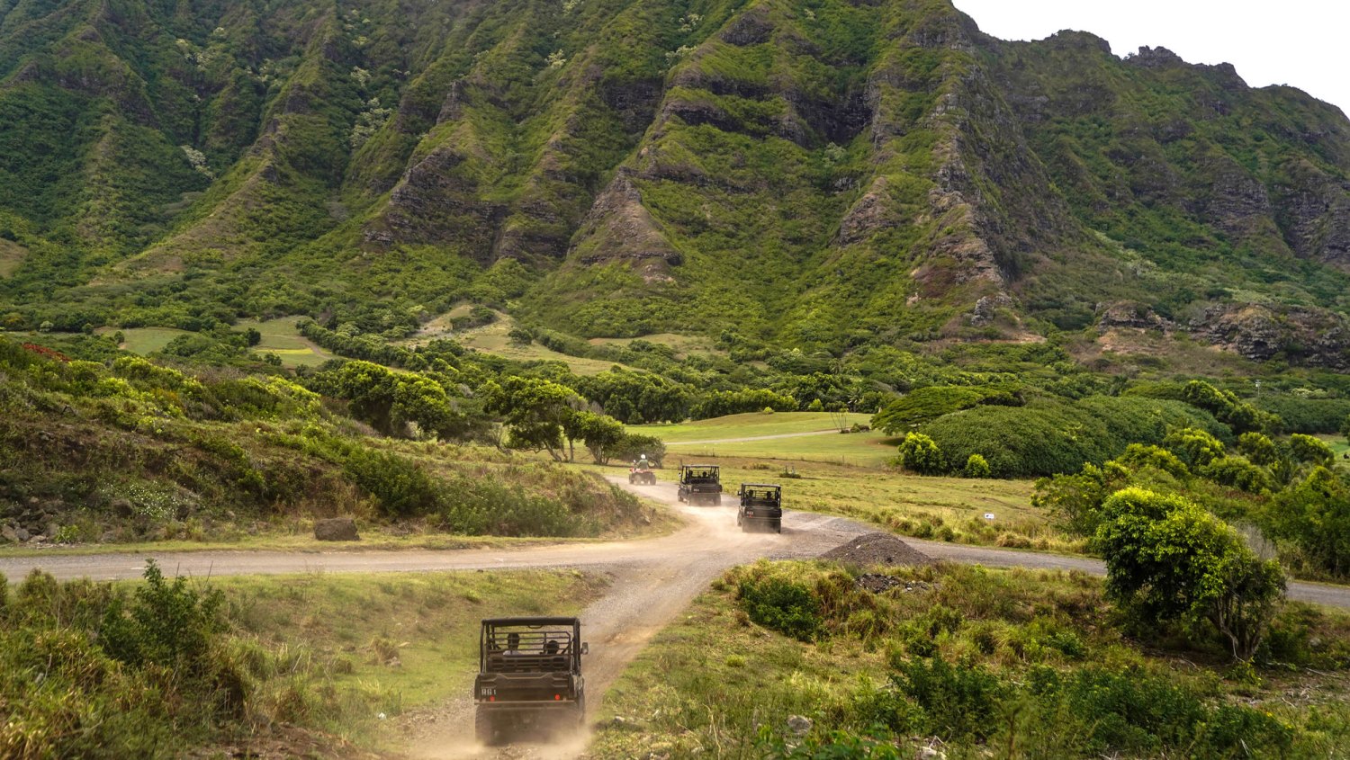 People drive on the ATV Raptor tour at Kualoa Ranch, which has been used as filming locations for films like Jurassic Park, Jumanji, 50 First Dates, and television shows like Magnum PI, photographed on Saturday, Oct. 17, 2020 in Kaneohe, HI.