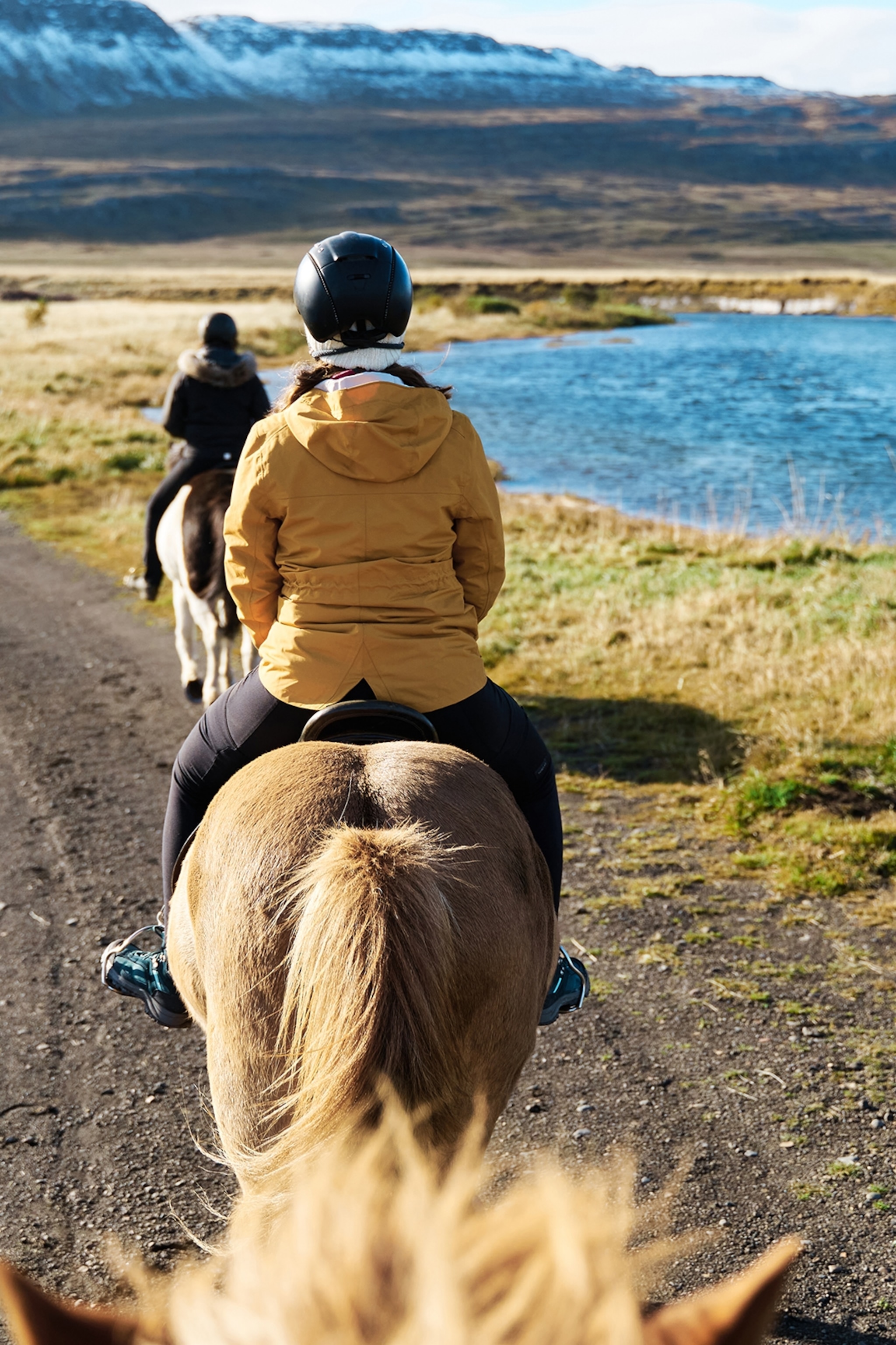 Back profile of people riding horses along a gravel track with green grass and a blue lake running alongside