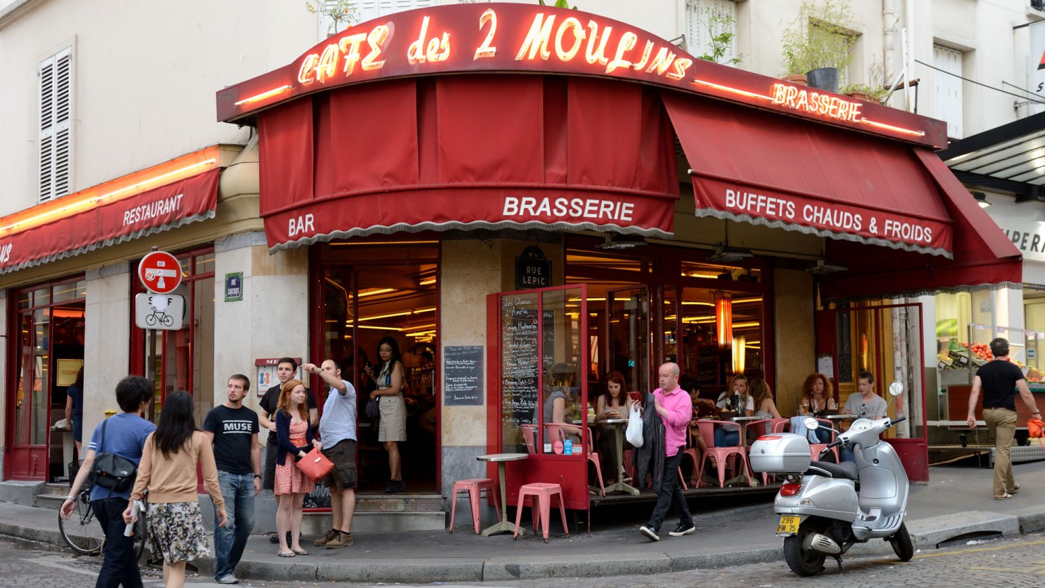 View of the famous Café des Deux Moulins on August 7, 2013 in Paris where the movie Le fabuleux destin d'Amelie Poulain was shot in 2000.