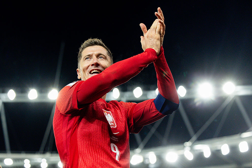Robert Lewandowski, celebration during World Cup 2026 European qualifiers: Lithuania vs Poland match in Kaunas, Lithuania on October 12, 2025 (Photo by Foto Olimpik/NurPhoto via Getty Images)
