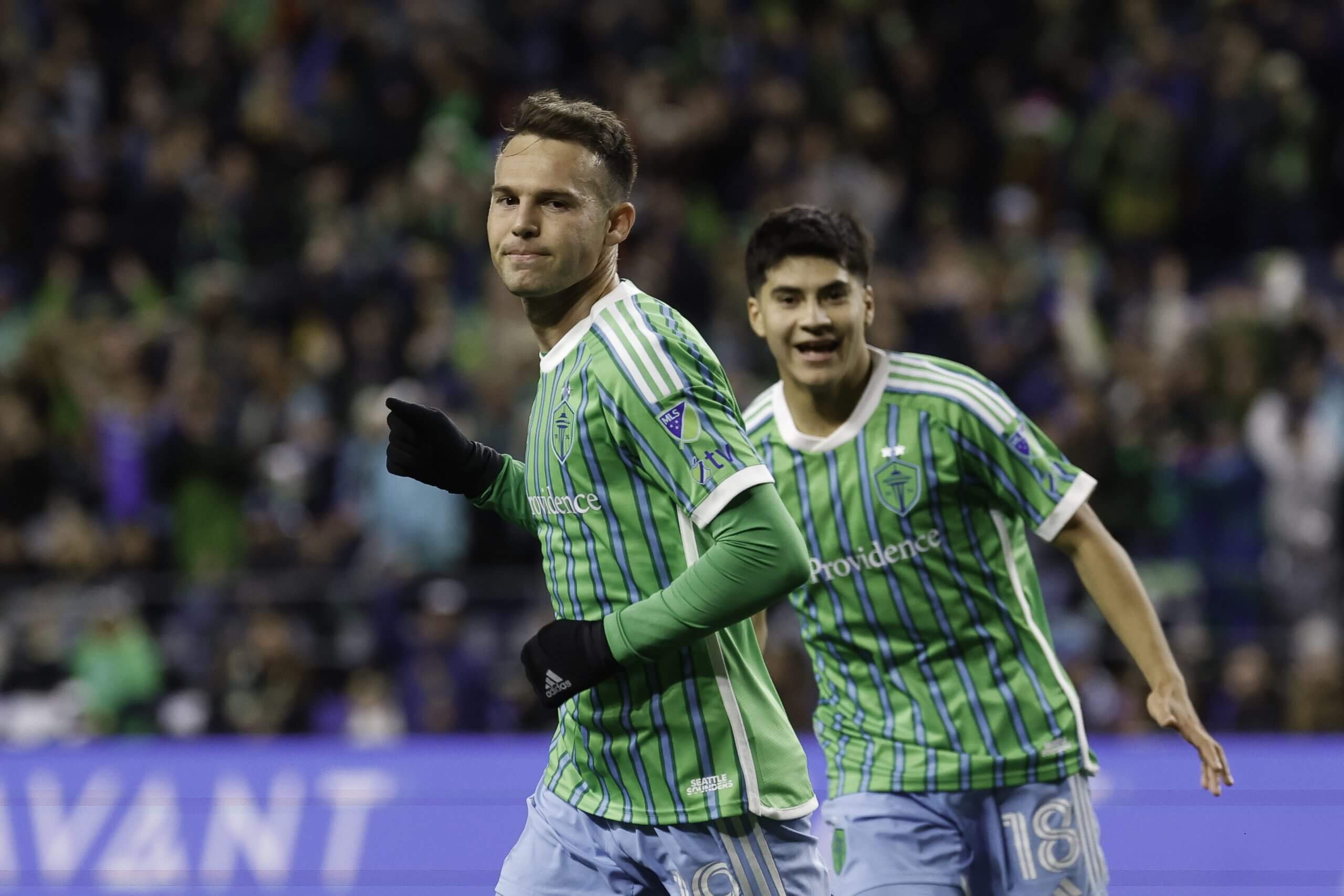 Seattle Sounders forward Danny Musovski celebrates a playoff goal