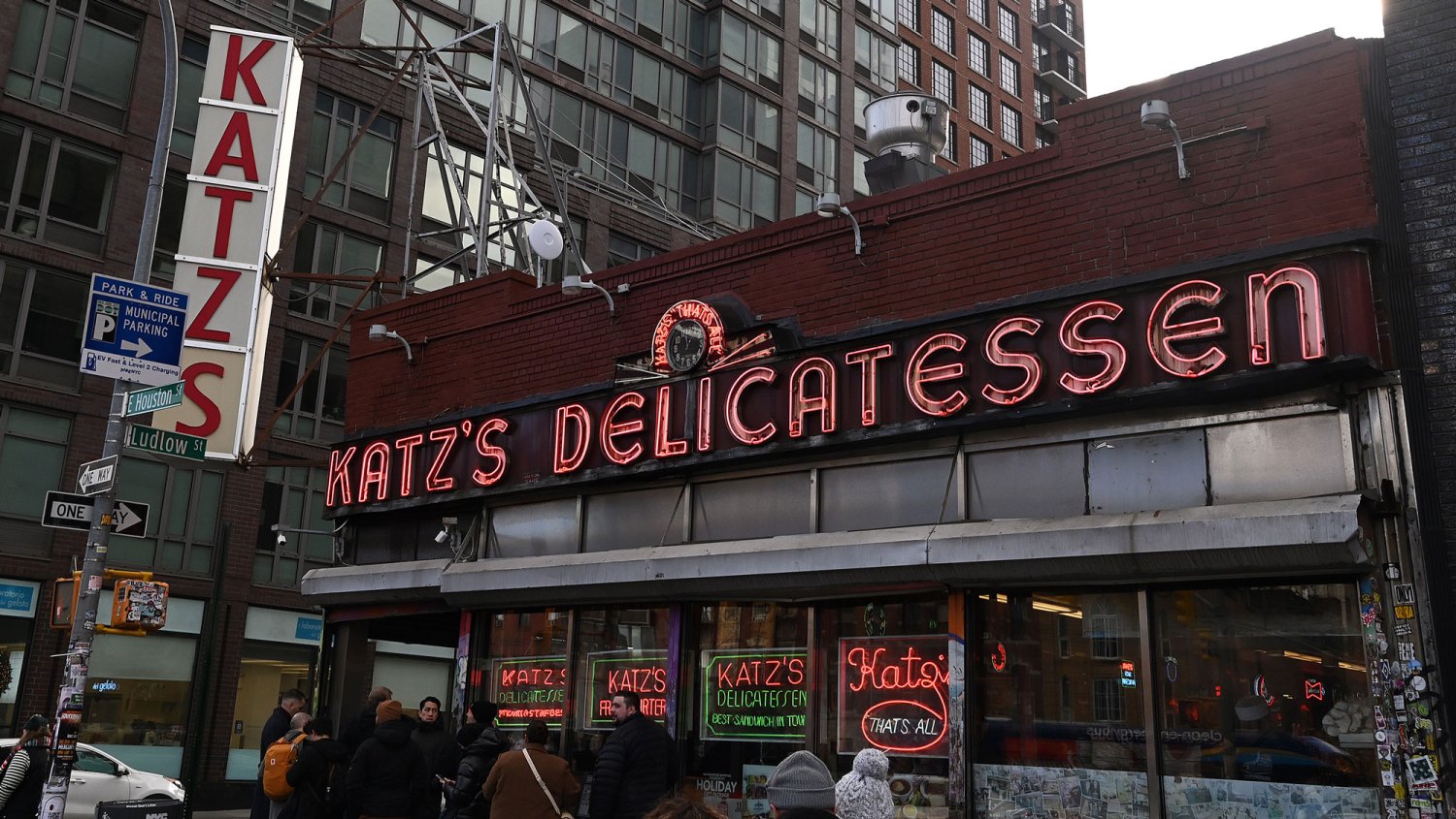 Filming location for When Harry Met Sally-Katz's Delicatessen in New York City. The Katz's Delicatessen storefront on Houston Street is show in a photograph taken on December 5, 2024 in New York City.