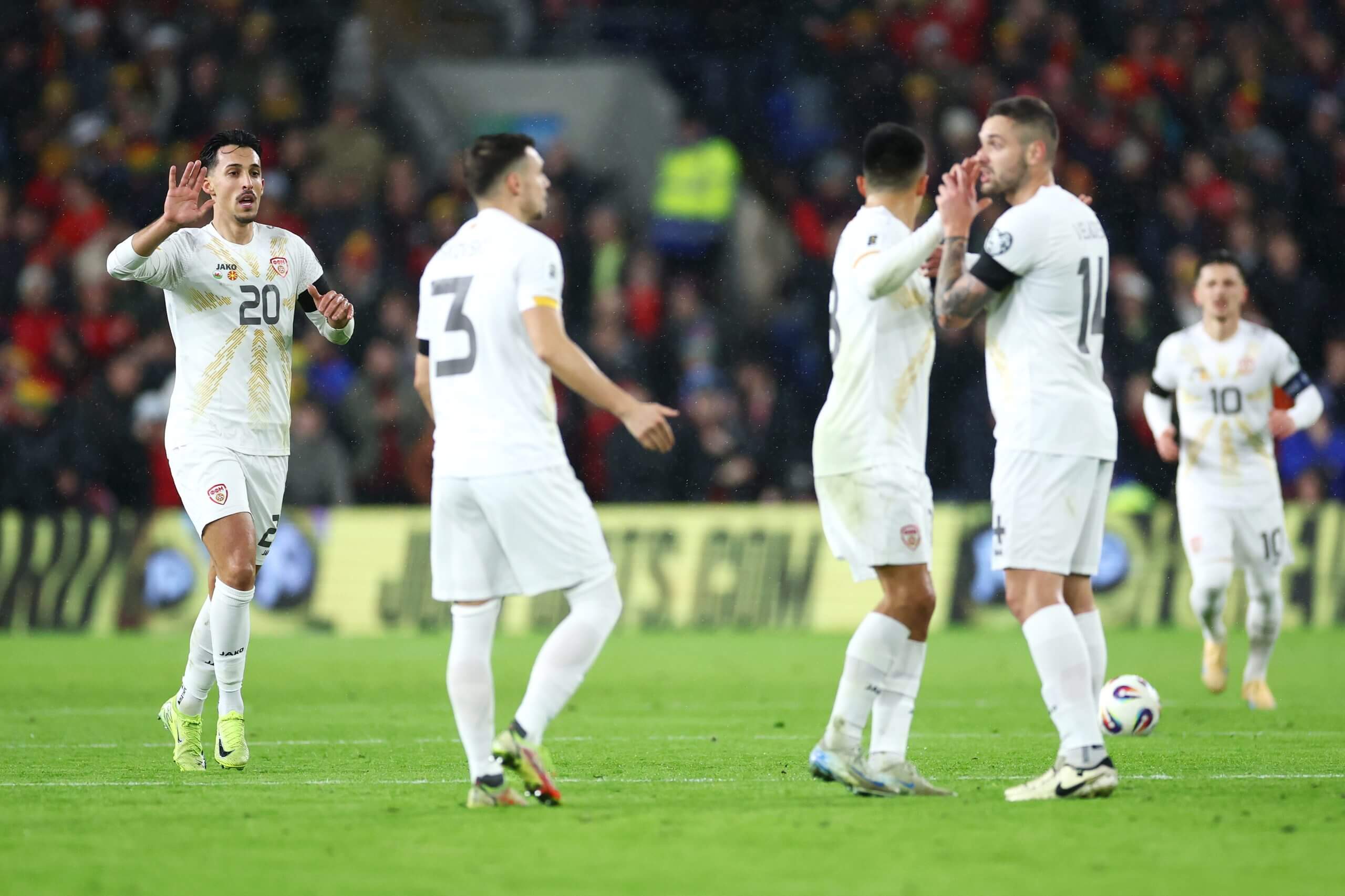 North Macedonia players celebrate a goal vs. Wales