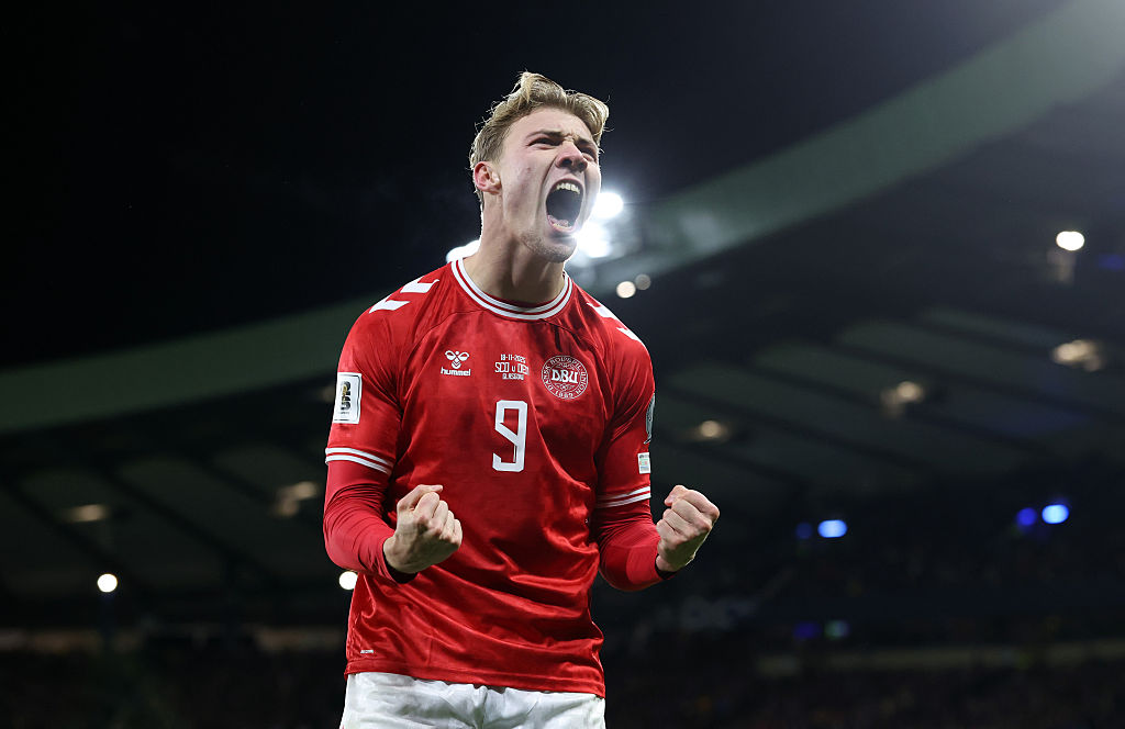 GLASGOW, SCOTLAND - NOVEMBER 18: Rasmus Højlund of Denmark celebrates scoring his team's second goal during the FIFA World Cup 2026 qualifier match between Scotland and Denmark at Hampden Park on November 18, 2025 in Glasgow, Scotland. (Photo by Ian MacNicol/Getty Images)