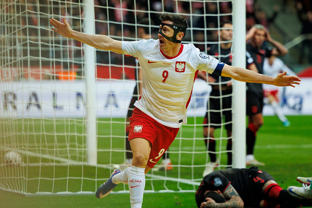 WARSAW, POLAND - MARCH 26: Robert Lewandowski of Poland scores the team's first goal during the FIFA World Cup 2026 European Qualifiers KO play-offs match between Poland and Albania at PGE Narodowy on March 26, 2026 in Warsaw, Poland. (Photo by Maciej Rogowski/Eurasia Sport Images/Getty Images)